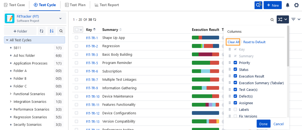 Clear Filters and Columns Test Cycle Grid View