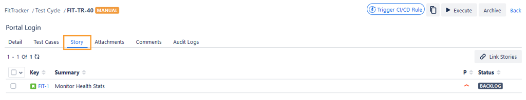 Story Tab Test Cycle Detail Page