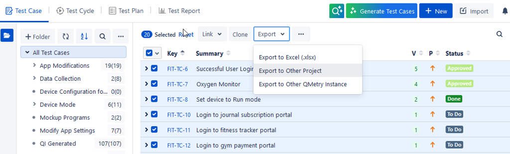 Export Test Cases to Other Project