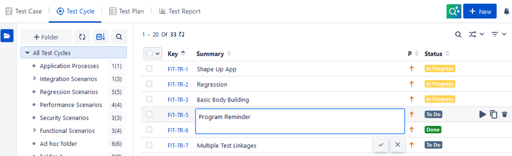 Edit Test Cycle Summary List View