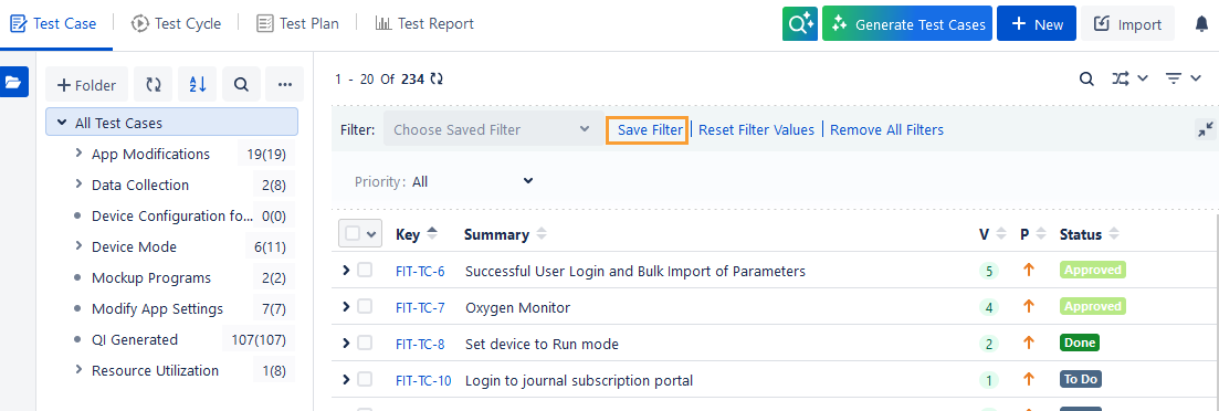 Save Test Case Filter