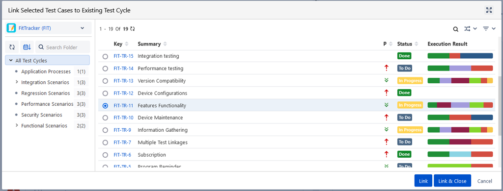 Select Test Cycles to link Test Cases