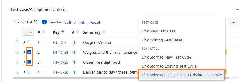 Link Selected Test Cases to Existing Test Cycle