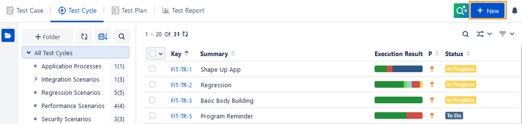 New Button for Create Test Cycle