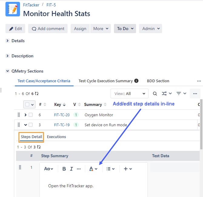 Edit Test Step Inline on Story