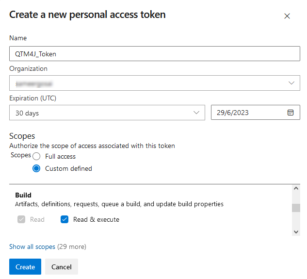 Azure DevOps Create New Token Screen