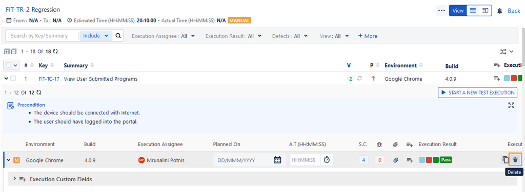Delete Test Execution List View