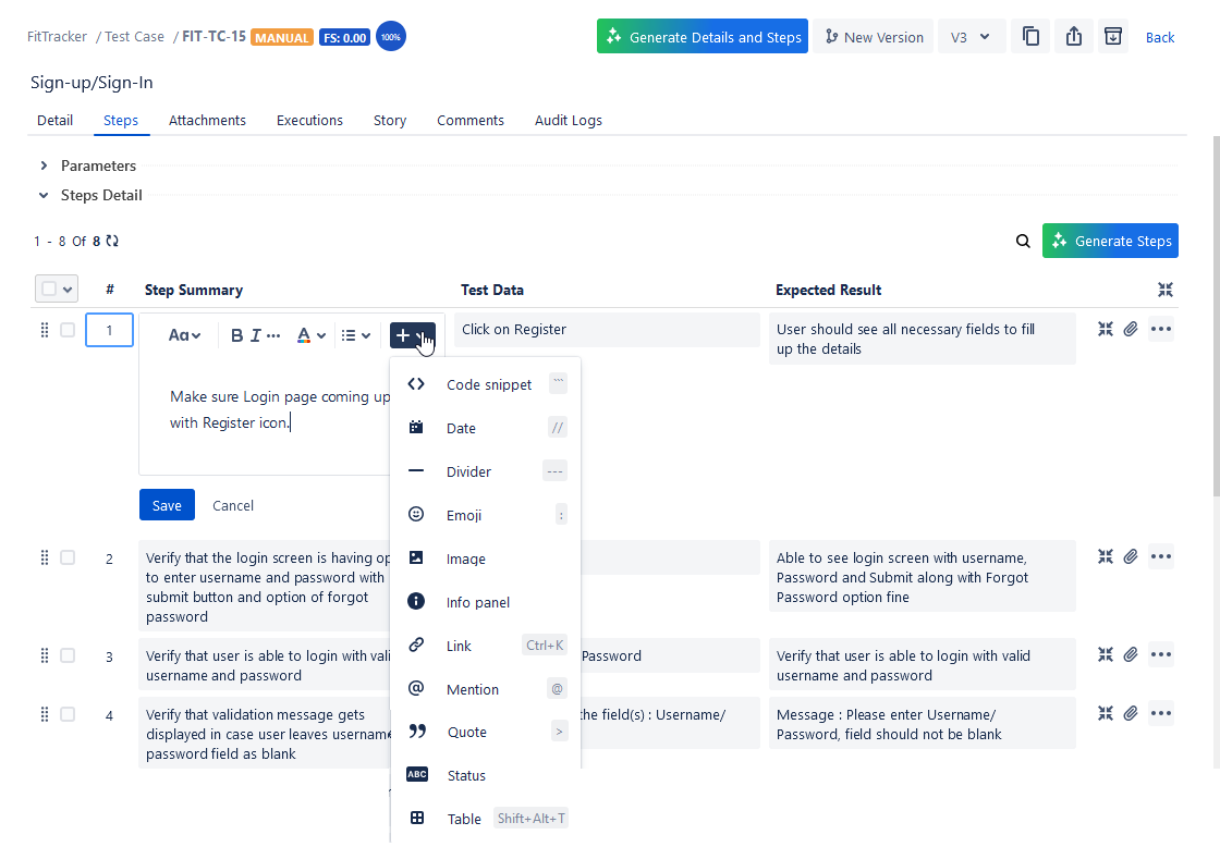 Add Test Steps from Steps Tab