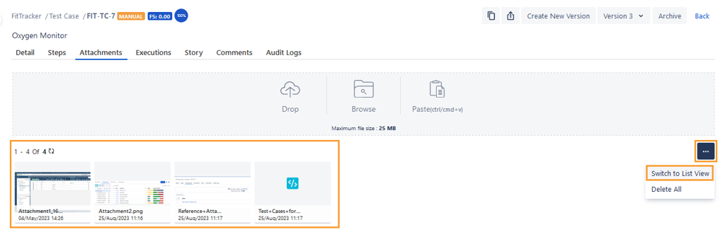 Test Case Attachment Switch to List View