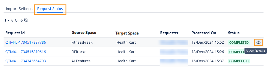 View Space Import Request Status